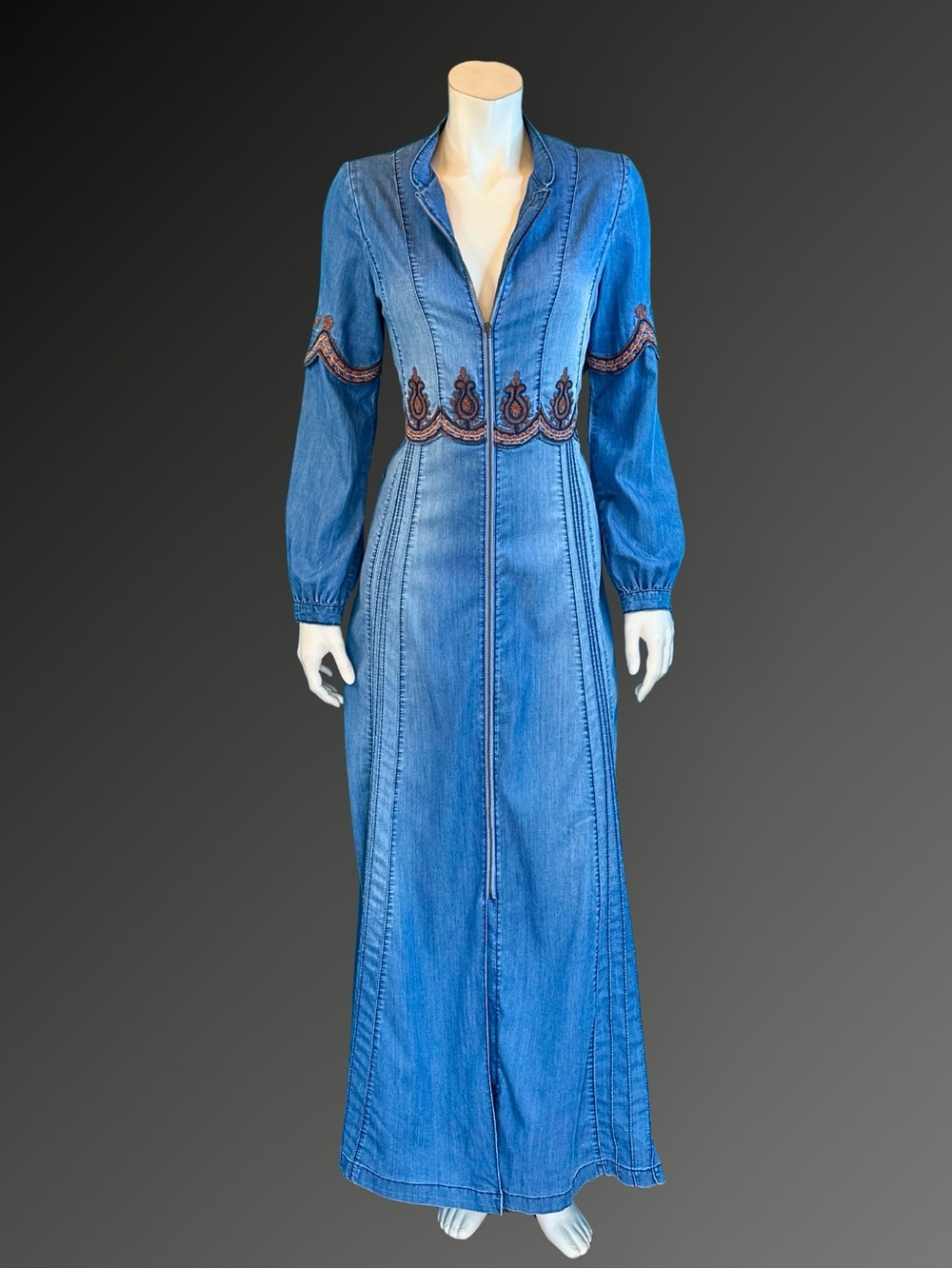 Vintage Y2K Denim Embroidered Boho Maxi Duster or Coat Dress | S M - Picture 3 of 16